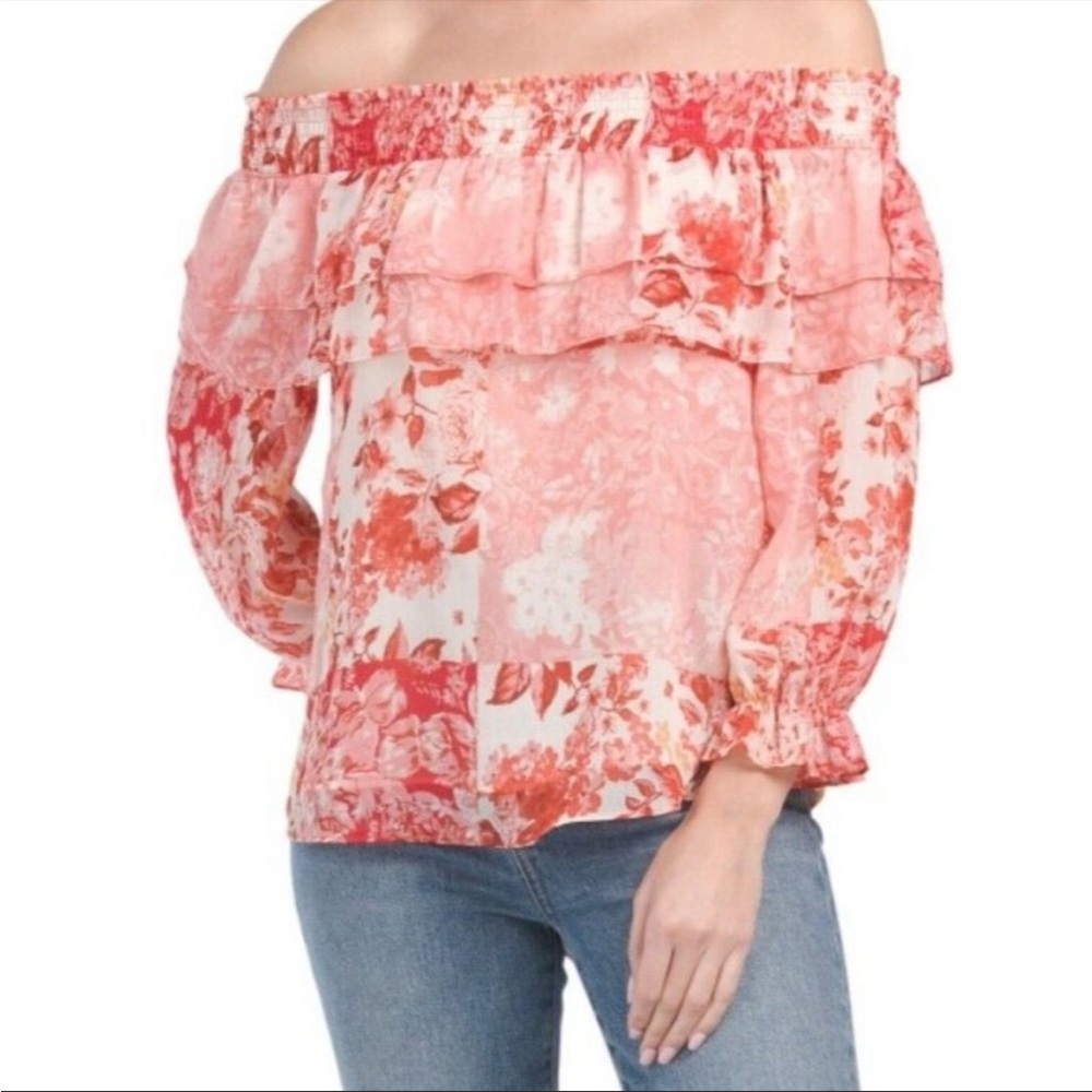 Rachel Zoe Red and Pink Floral Off the Shoulder Ruffle Smocked Blouse Top Size M
